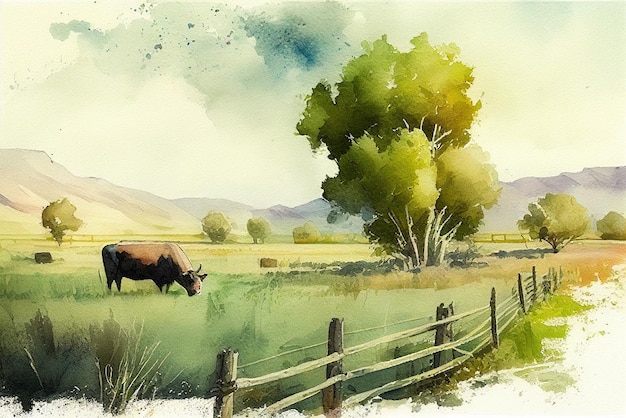 Painting of a cow grazing in pasture with fenced area generative ai