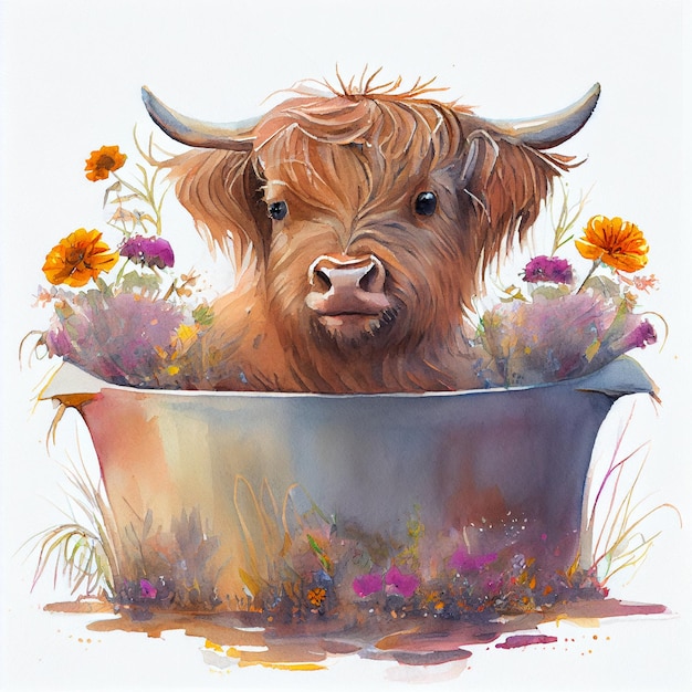 painting of a cow in a pot with flowers in it generative ai