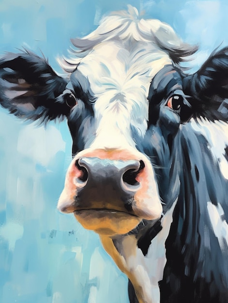 A painting of a cow with a blue background and the word cow on it.