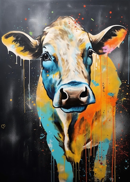 A painting of a cow with a blue face and yellow spots.