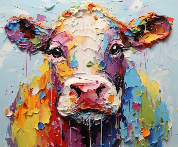A painting of a cow with a colorful face and a large white face