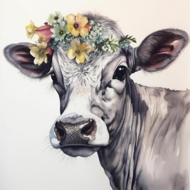 Photo painting of a cow with a flower crown on its head generative ai