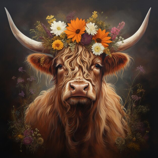 Photo painting of a cow with flowers on its head generative ai
