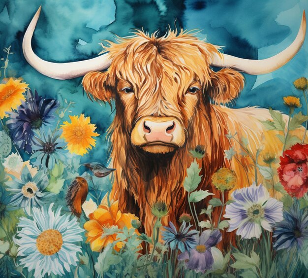 Photo painting of a cow with horns in a field of flowers generative ai