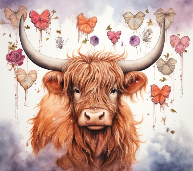 painting of a cow with horns and flowers in the background generative ai