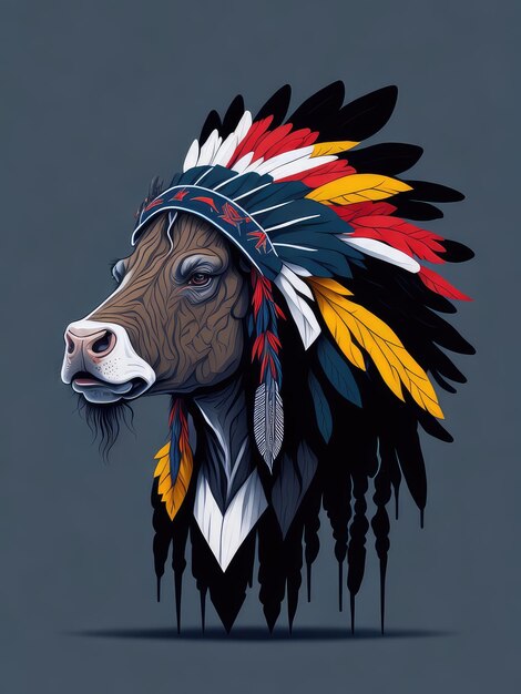 A painting of a cow with indian feathers on it