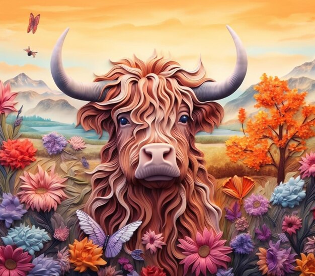 Painting of a cow with long hair and horns in a field of flowers generative ai