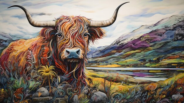 Photo painting of a cow with long horns in a field of grass generative ai