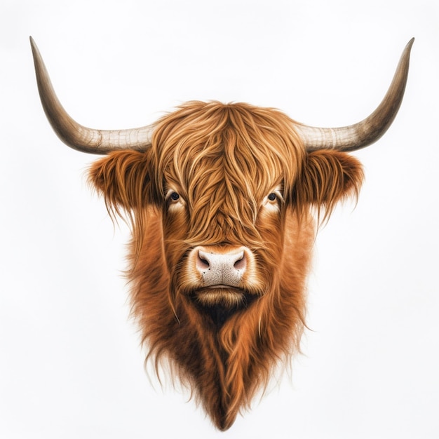 A painting of a cow with long horns and long hair.