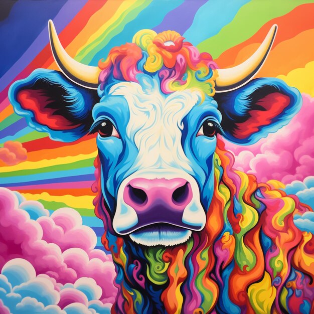 painting of a cow with a rainbow mane and a rainbow cloud background generative ai