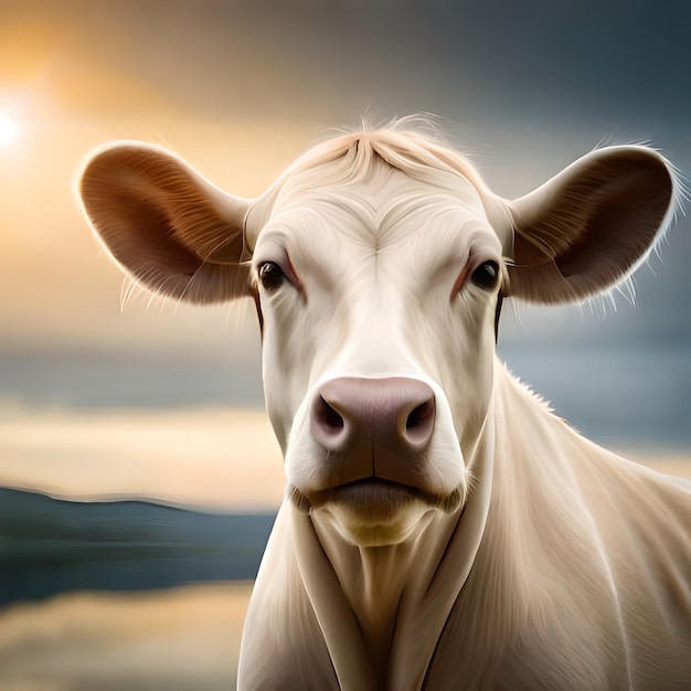 A painting of a cow with a sunset in the background.