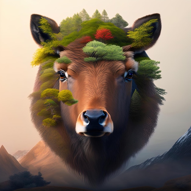 A painting of a cow with trees on its head