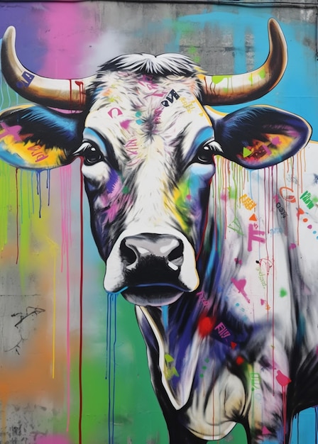 A painting of a cow with the word " on it "