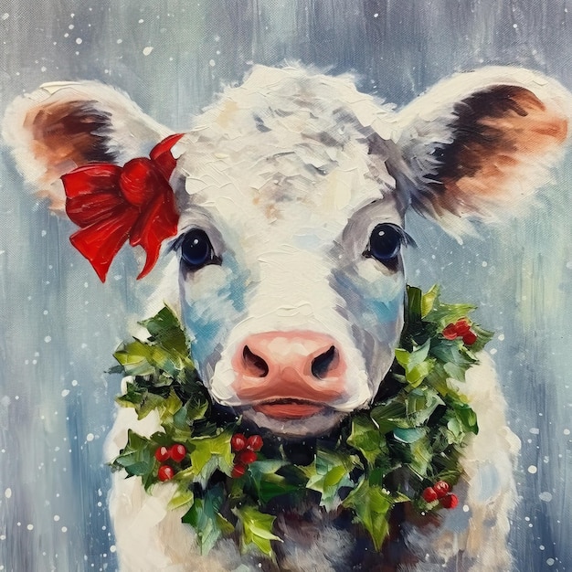 Photo a painting of a cow with a wreath on it