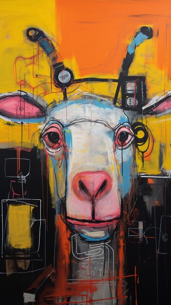 Painting of a cow with a yellow background and a red nose generative ai