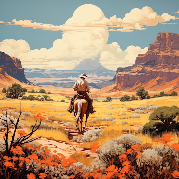 Photo a painting of a cowboy on a horse in a desert landscape