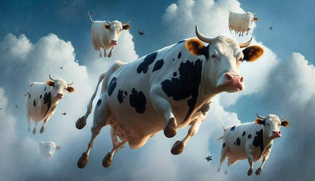 Photo a painting of cows flying in the sky