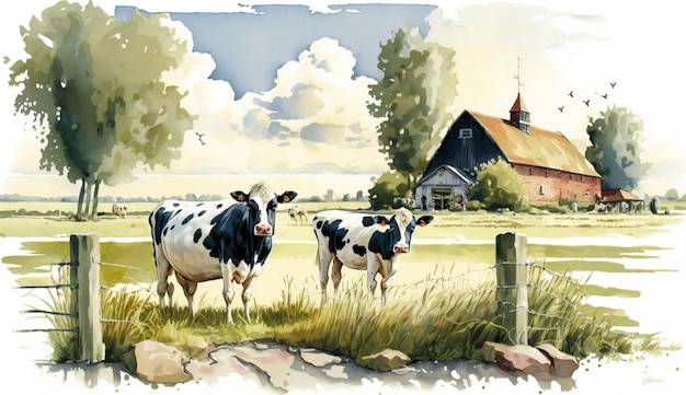 A painting of cows in front of a barn