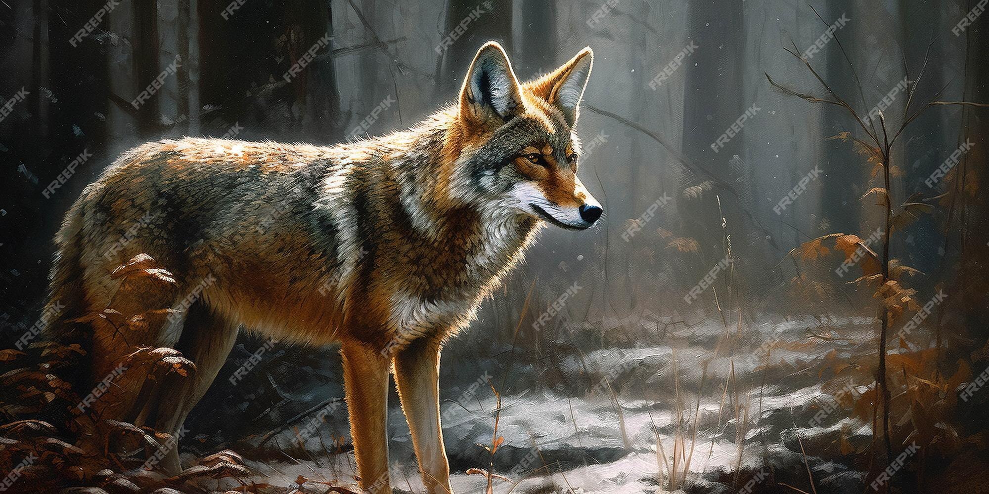 Premium Photo | A painting of a coyote in the woods
