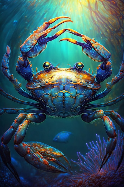 painting of a crab with a bright blue body and orange claws generative ai