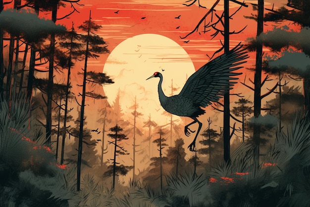 A painting of a crane in a forest with the sun behind it Generative ai