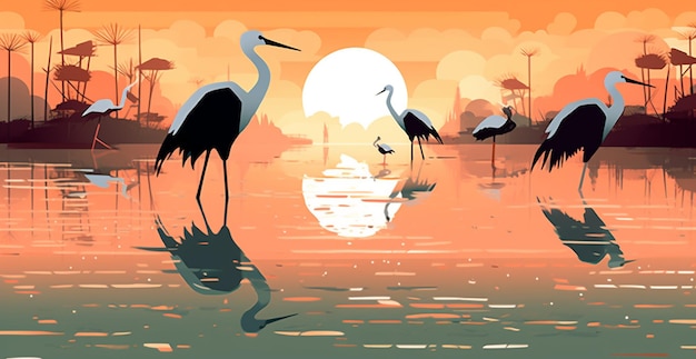 A painting of a crane and some birds in the water