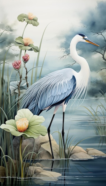 Painting of a crane standing in a pond with lilyes and water lilies generative ai