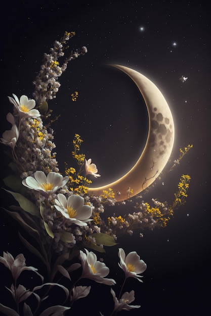 Painting of a crescent with flowers in the foreground generative ai