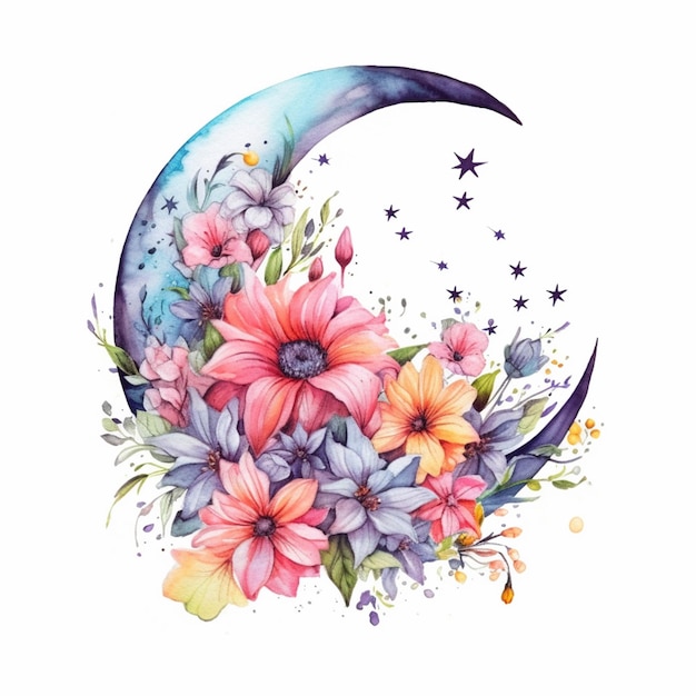 A painting of a crescent with flowers and stars on it generative ai