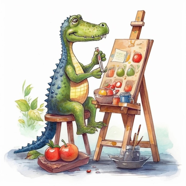 A painting of a crocodile is on a easel.