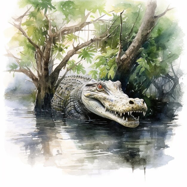 Photo painting of a crocodile in water with trees and bushes in the background generative ai