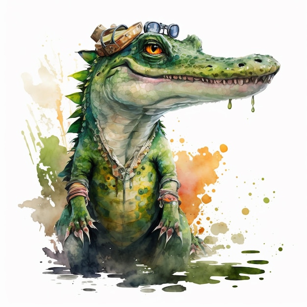 painting of a crocodile wearing a hat and goggles generative ai