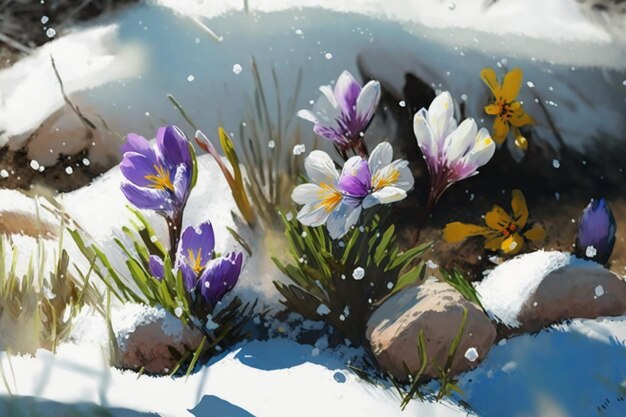 A painting of crocus flowers in the snow