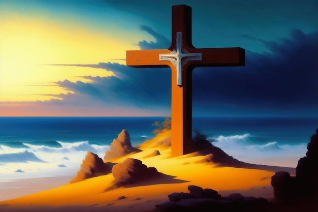 A painting of a cross on a beach with the sun setting behind it.