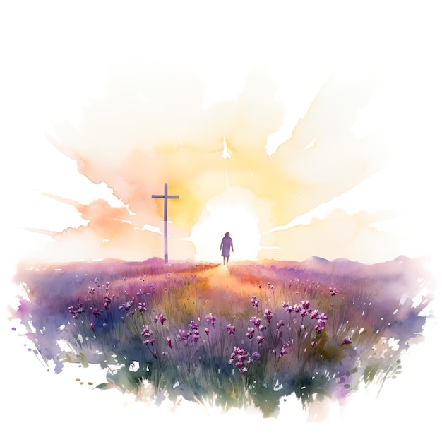 a painting of a cross and a cross in the middle of a field