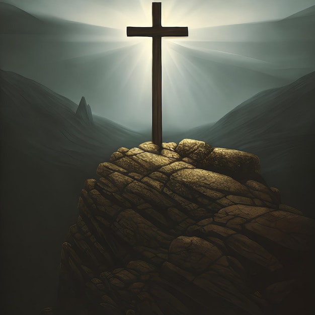 A painting of a cross on a mountain with the sun shining on it