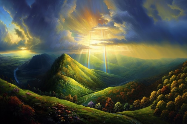 산 위에 있는 십자가의 그림과 그 아래에 있는 계곡의 그림