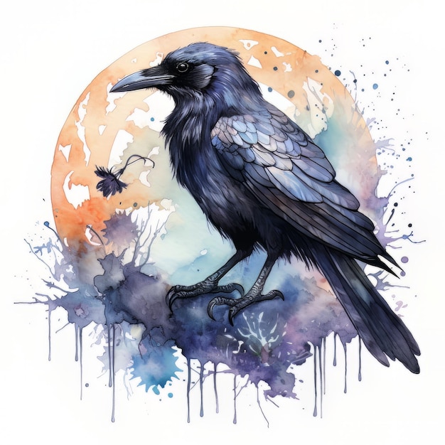 A painting of a crow sitting on a branch