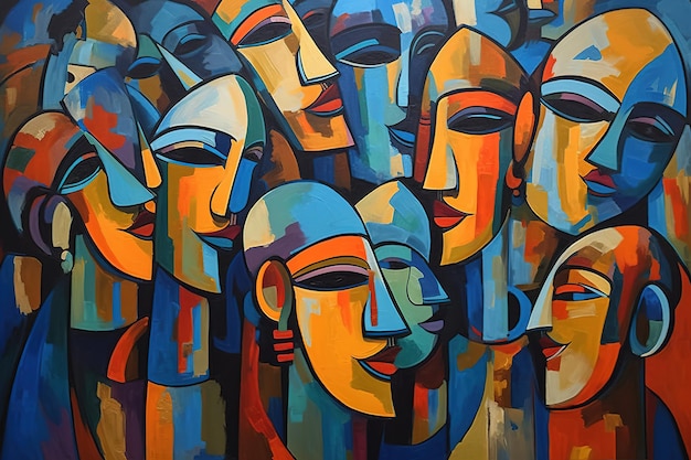 A painting of a crowd of faces with different colors.