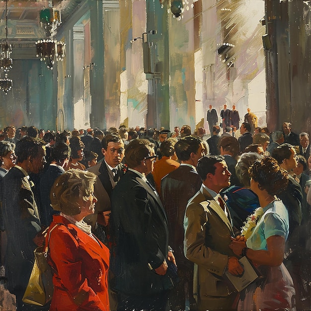 a painting of a crowd of people in a building with a sign that says quot the word quot on it
