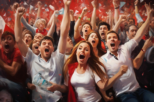 A painting of a crowd of people celebrating with the words " happy " on the bottom.