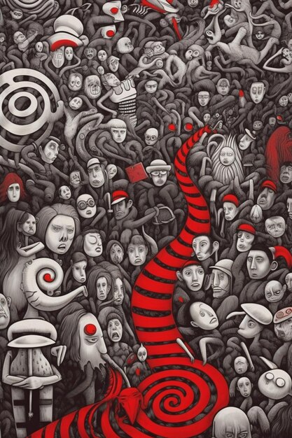 A painting of a crowd of people with a red background and a red one with a red circle on it.