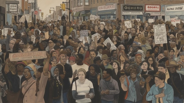 A painting of a crowd of people with signs saying ovoid.