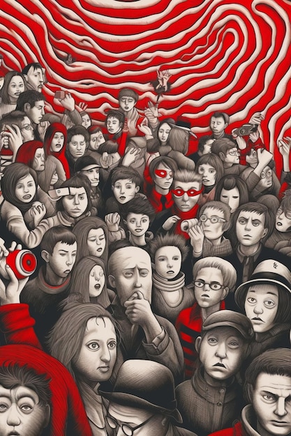 A painting of a crowd with a red and black background that says'i am the red '
