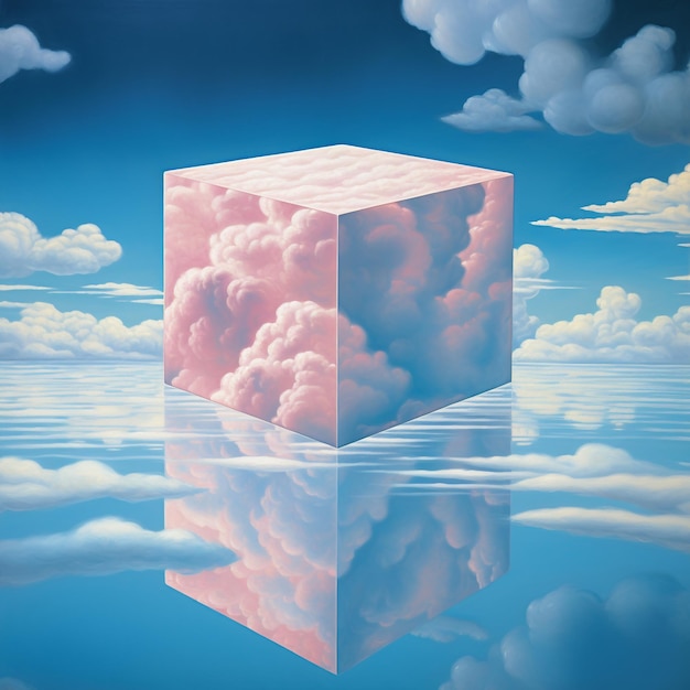 a painting of a cube with clouds