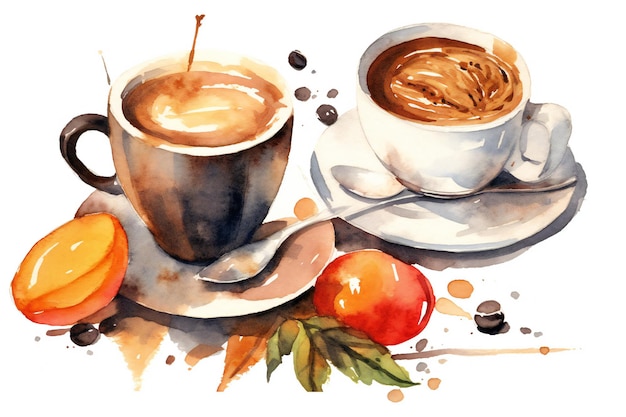 A painting of a cup of coffee and an orange