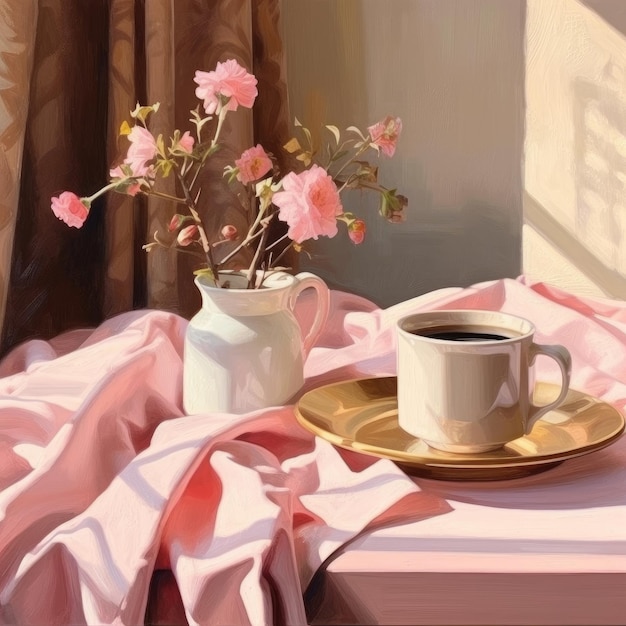 A painting of a cup of coffee and a pink flower on a table.