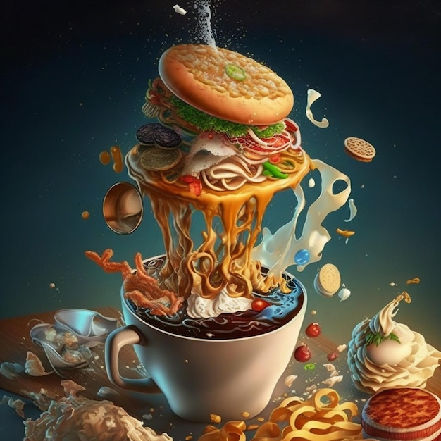 A painting of a cup of coffee with a hamburger and other food being poured out of it.