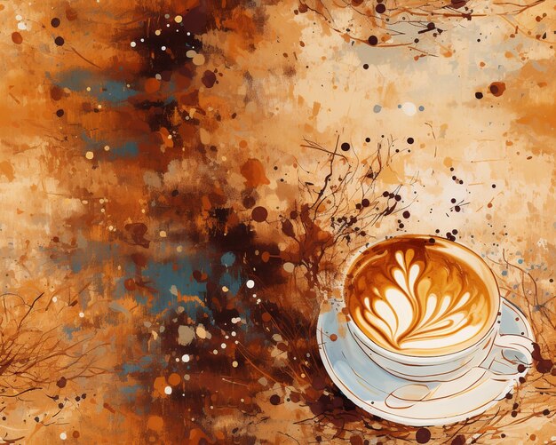 Photo painting of a cup of coffee with a leaf on it generative ai