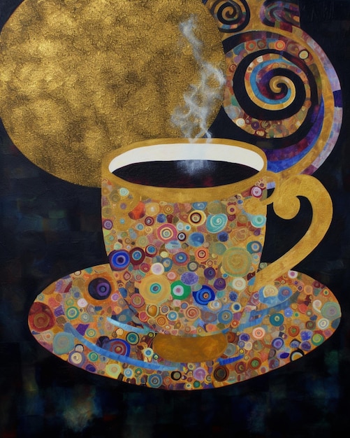 Painting of a cup of coffee with a swirly saucer generative ai
